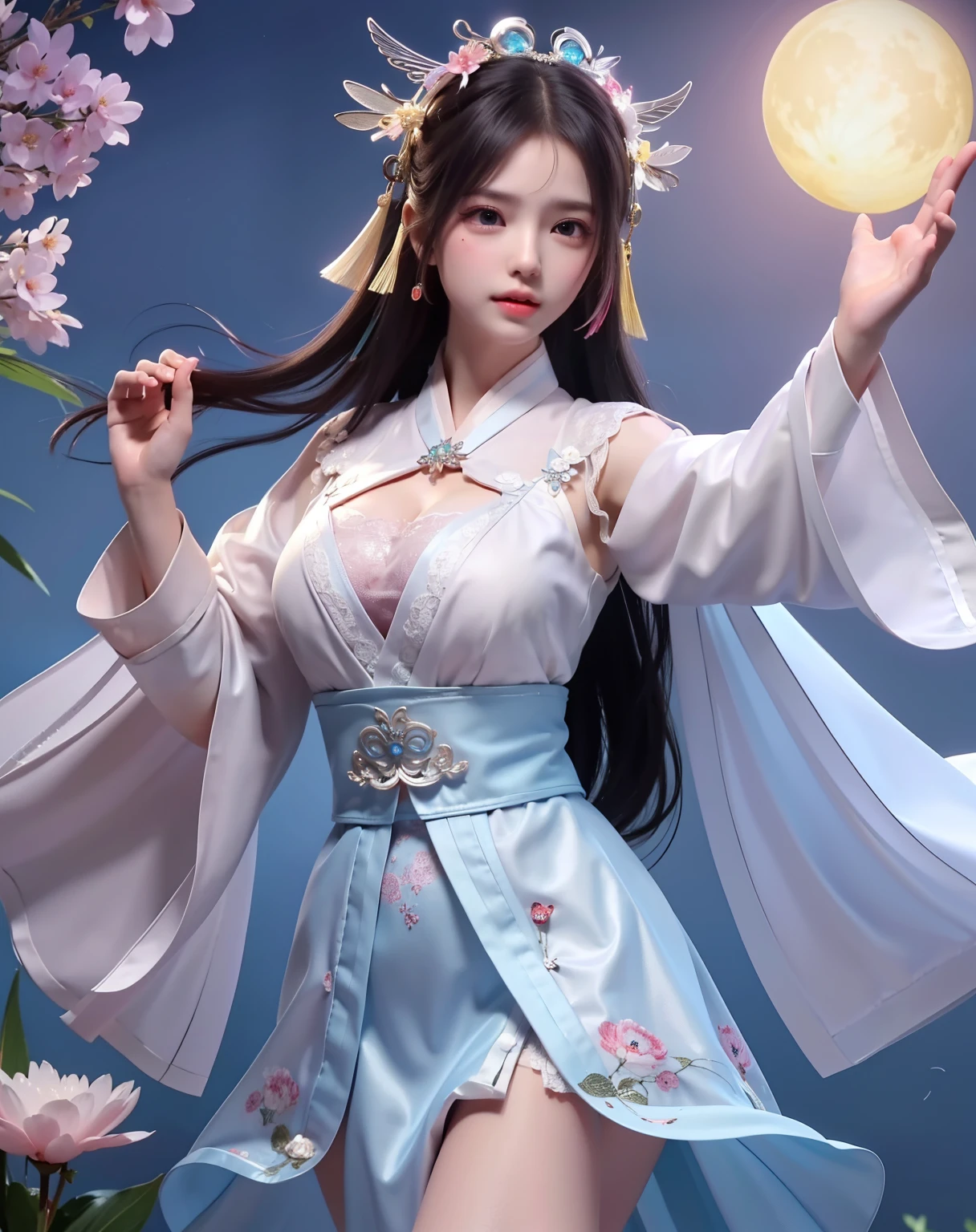 (8k, RAW photo:1.2), best quality, ultra high res,dramatic angle,(fluttered detailed color splashs), (illustration),(((1 girl))),(long hair),(rain:0.9), (Headdress:1.4),There is an ancient palace beside the girl,Hanfu,(Key Points),Color ink painting,(Splash of Color),Splash of Color,(((colorful))),(sketch:0.8) , Masterpiece, best quality, beautiful painted, highly detailed,(denoising:0.6),[splash ink],((ink refraction)), (beautiful detailed sky),moon,highly,detaild,(masterpiece, best quality, extremely detailed） CG Unity 8k Wallpaper，masterpiece，best quality，Ultra Detailed），（Lycoris）. hanfu open v open V-chested clothes Thin silk lace dress , (huge ，cleavage),, white pinkand gren，best qualtiy，tmasterpiece，Ultra-high resolution，（Reality：1.4），RAW photogr，（True skin texture：1.3），（filmgrain：1.3），（Selfie angle），1个Giant Breast Girl，Beautiful eye and face details，tmasterpiece，Best quality at best，，The chest more exposed， detailed hair, bra pink , detail 8k, upper body, lace petticoat