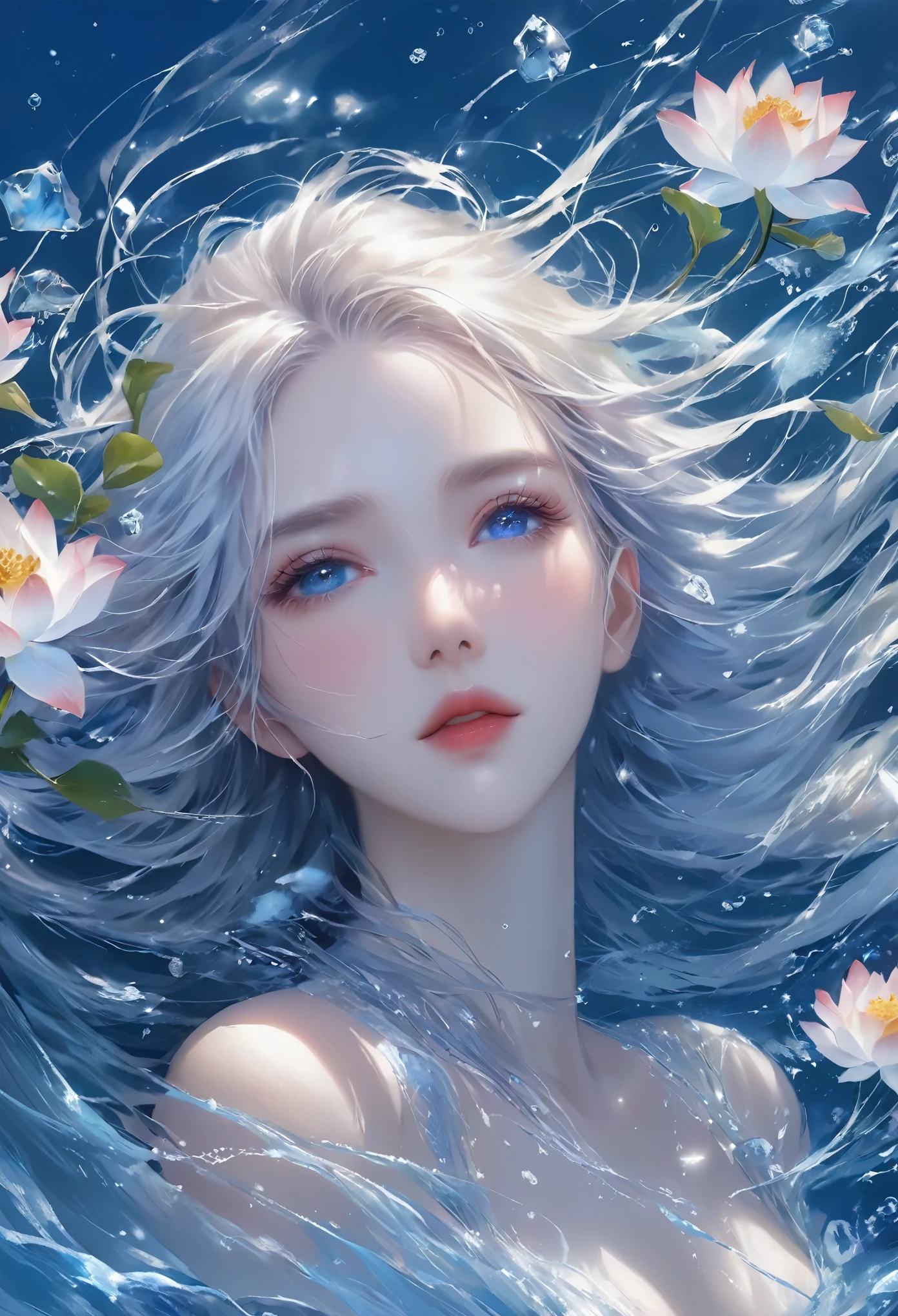 Seven part photos, masterpiece, best quality, Official Art, Extremely detailed CG 8k wallpaper,(Flying petals)(Detailed ice) , water晶质感皮肤, Cold expression, White hair, Long hair, Messy hair, blue eyes, Looking at the audience, Extremely refined, water, ((Beautiful and delicate eyes)), Very detailed, light,((Pretty Face),fine water surface, (Original figure painting), Very detailedSeven part photos, masterpiece, best quality, Official Art, Extremely detailed CG 8k wallpaper,(Flying petals)(Detailed ice) , water晶质感皮肤, Cold expression, White hair, Long hair, Messy hair, blue eyes, Looking at the audience, Extremely refined, water, ((Beautiful and delicate eyes)), Very detailed, light,((Pretty Face),fine water surface, (Original figure painting), Very detailed, Very detailed, (Extremely refined), Beautiful and delicate eyes,