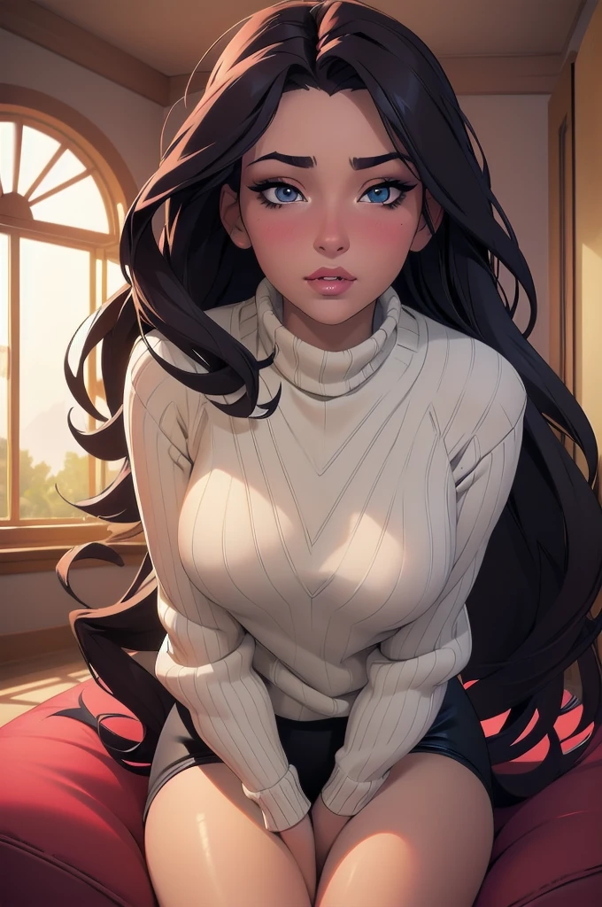 Sexy woman, perfect hair, amazing makeup, seductive gaze, blushing intensely, ready to kiss, long oversized sweater, sitting comfortably on couch, window, natural light beaming through window, beautiful face, seductively gazing at us, very seductively provocative ((nsfw1.5))
