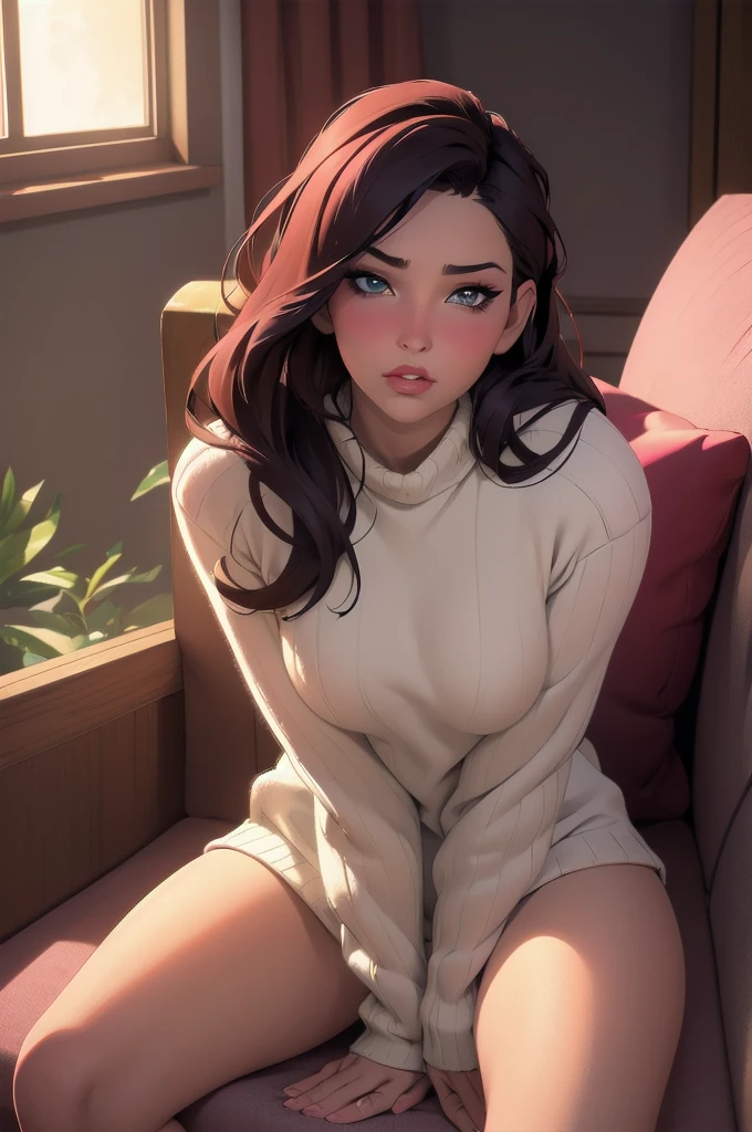 Sexy woman, perfect hair, amazing makeup, seductive gaze, blushing intensely, ready to kiss, long oversized sweater, sitting comfortably on couch, window, natural light beaming through window, beautiful face, seductively gazing at us, very seductively provocative ((nsfw1.5))