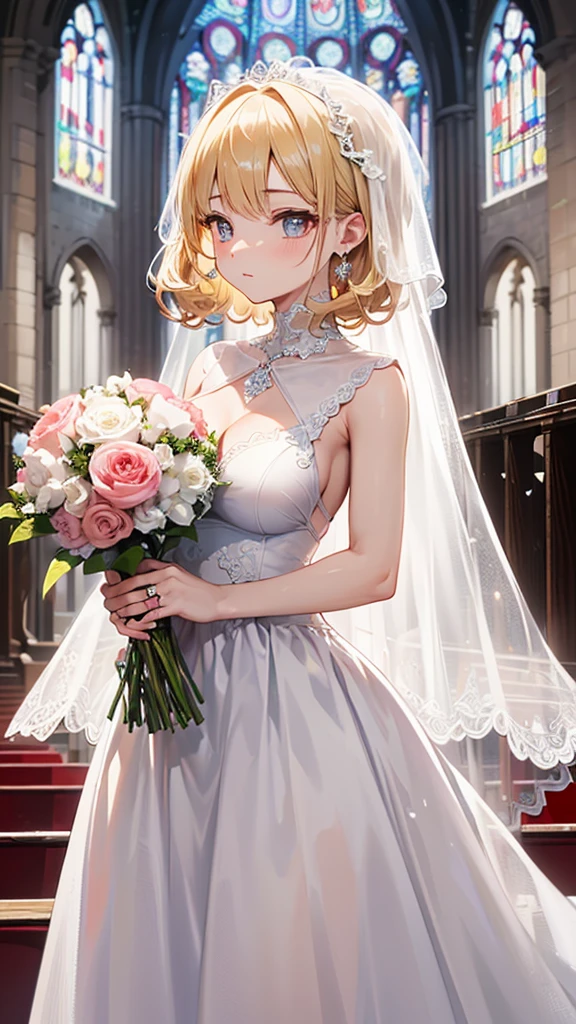 ((best quality)), ((masterpiece)), (detailed), perfect face, (best quality), (detailed skin:1.3), (intricate details), curly hair, Wedding, wedding dress, expression of joy, holding a bouquet in both hands, pure white dress, blonde hair, earrings, engagement ring, church(((nsfw1.5)))