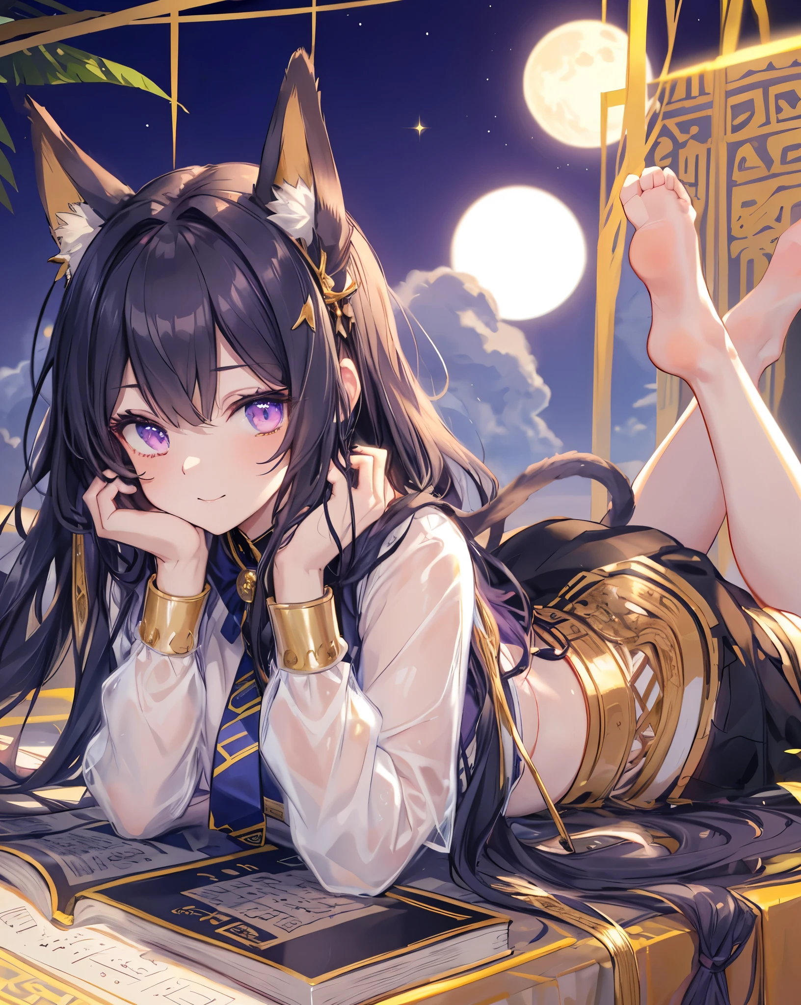 Masterpiece, best quality, ultra detailed, HDR, 8k, anime coloring book. A sphinx-inspired girl with long black hair, neko ears, cat tail, purple eyes, detailed eyes. She is like a god. Made up like an ancient Egyptian.  purple reflexes. She is smiling a bit. blue sky with little white clouds, sun on the horizon, and a glorious ancient Egypt skyline. Sunflare. King pose.Fantastic and beautiful light creates a mysterious atmosphere. Blue sky, some white clouds, Heaven, cliff, mirage, meteorite, moon, and gold accessories enhance the scene. She is the Pharaoh, set in the era of prosperity and wealth along the Nile River with green plantations. Incredible Egyptian epoch scenery. Wear a gold tiara. Cool cute Portrait zoomed. Stunning quality. She is holding a cute black cat 🐈‍⬛