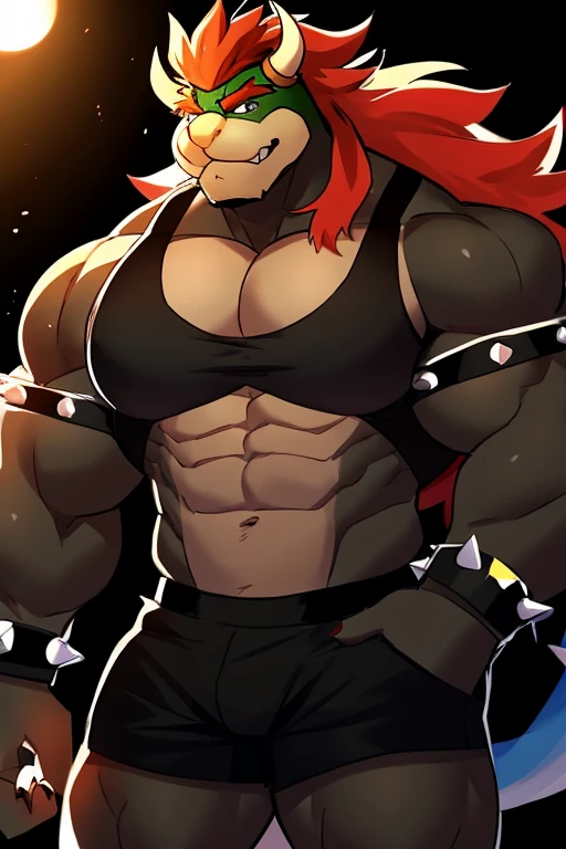 Muscular Bowser, furry, Long hair, black open cut sleeveless gym shirt, shorts negros 