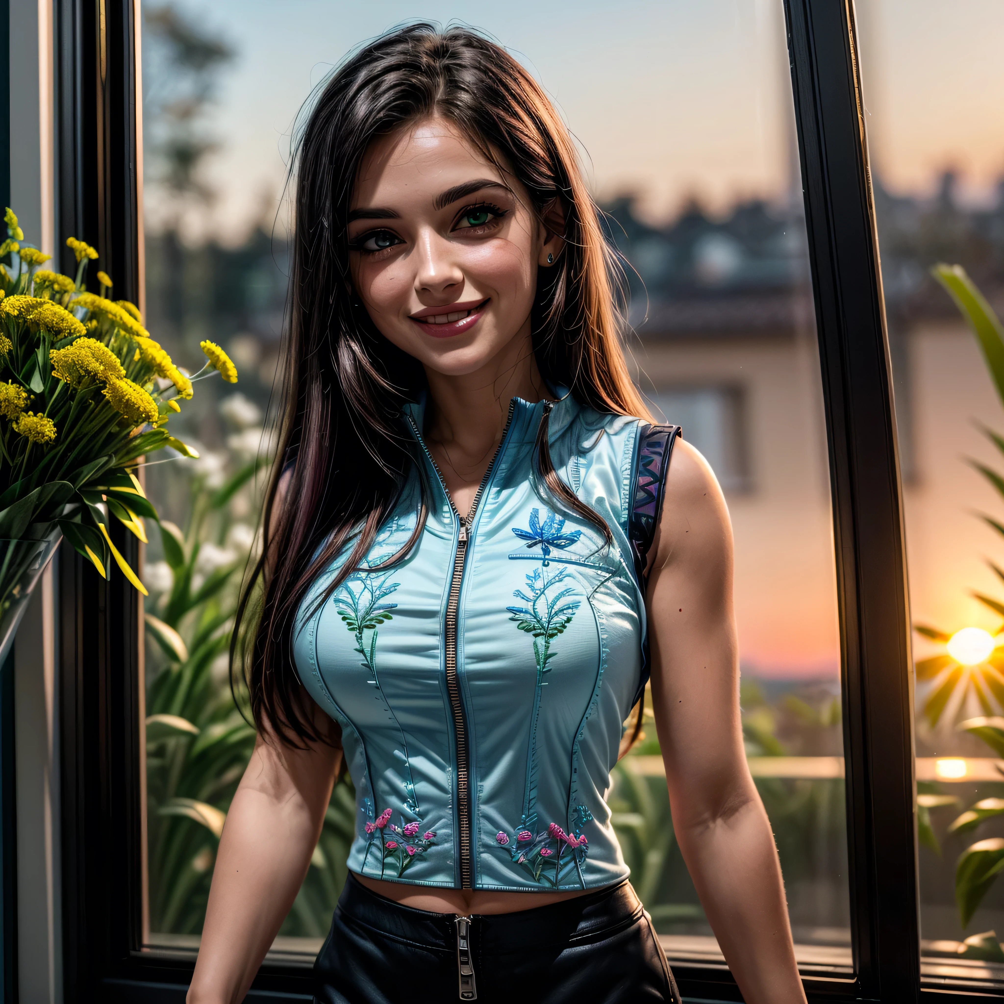 (masterpiece, photorealistic:1.4, extremely intricate:1.3), (photon mapping, radiosity, physically based rendering, ultra resolution, hyper-realistic, photorealistic:1.4, hyper-realistic, 8K), ((solo 1girl, ((closeup breasts, [medium breasts:large breasts:0.3], closeup portrait, (dimples, 18years, light blue embroidery vest, unzipped unbuttoned)), long straight [darkblack hair:pink hair:0.6]), [makeup:natural:0.6], long eyelashes, thick lashes), green eyes), smile, laugh, BREAK, (she is at the front dest in a flower shop, indoor, flowers, ((sunrise)) glass front window)