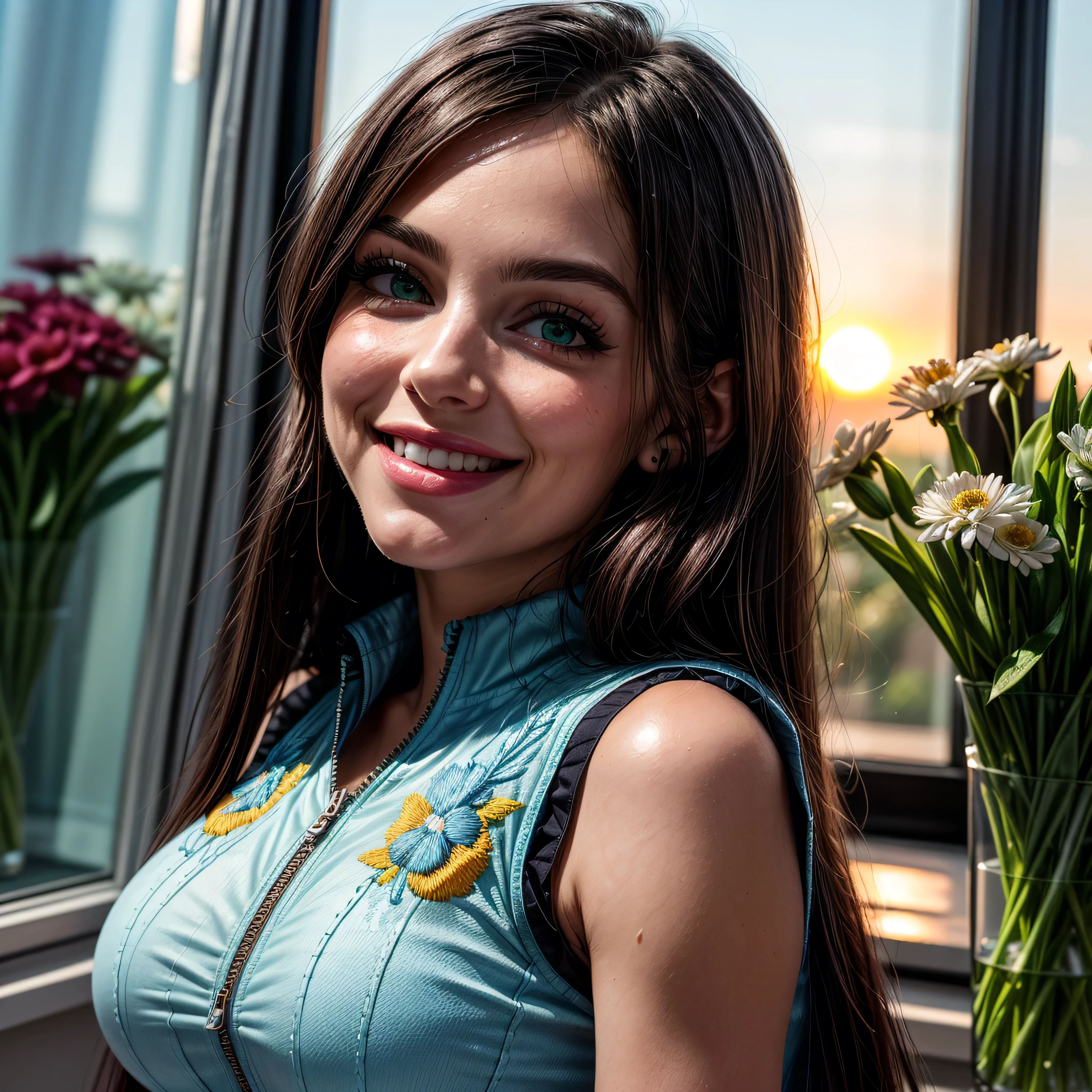 (masterpiece, photorealistic:1.4, extremely intricate:1.3), (photon mapping, radiosity, physically based rendering, ultra resolution, hyper-realistic, photorealistic:1.4, hyper-realistic, 8K), ((solo 1girl, ((closeup breasts, [medium breasts:large breasts:0.3], closeup portrait, (dimples, 18years, light blue embroidery vest, unzipped unbuttoned)), long straight [darkblack hair:pink hair:0.6]), [makeup:natural:0.6], long eyelashes, thick lashes), green eyes), smile, laugh, BREAK, (she is at the front dest in a flower shop, indoor, flowers, ((sunrise)) glass front window)