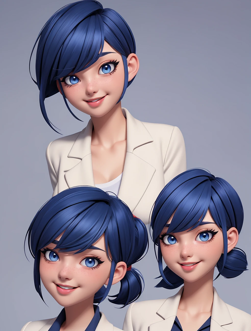 Dark blue, bob-cut hair with red-tipped ponytail, blue eyes, light makeup with winged eyeliner, neutral expression, white shirt with floral design, gray blazer, chest-up view, huge breasts, huge ass, Blush, Tongue Out, Smile, Simple background, Anime Style, 1girl, 