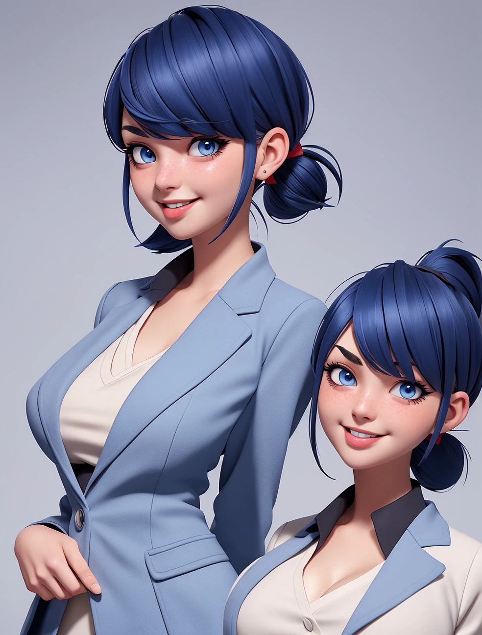 Dark blue, bob-cut hair with red-tipped ponytail, blue eyes, light makeup with winged eyeliner, neutral expression, white shirt with floral design, gray blazer, chest-up view, huge breasts, huge ass, Blush, Tongue Out, Smile, Simple background, Anime Style, 1girl, 