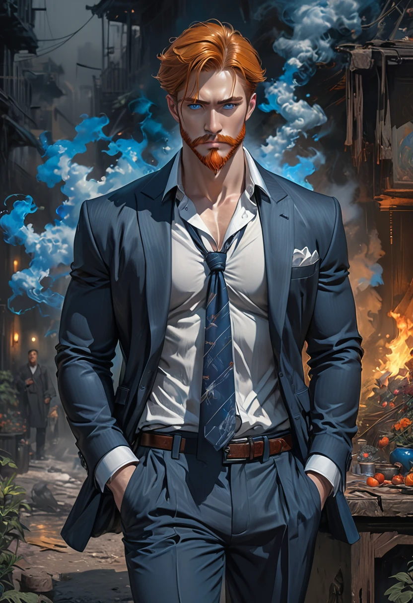 Realistic Digital Painting with Concept Art Elements"," digital painting," "concept art," "realistic," "high detail", "muscular",, "high-res", "ominous aura,", "8k resolution", "oil painting", "darker tone" , "little saturation" ,"dark feeling", "dirty art-style", "concept art" , "detailed features" , "detailed eyes" "1man" , "shoulder length ginger hair" , "sharp features" , "handsome" , "blue-eyes" , "long sleeve shirt" , "pants" , "smoking a cigarette" , "full body" , "toned body" , "dangerous looking" , "loose tie around neck" , "Adam's apple" , "masculine" , "extremely short beard" , " dark circles under eyes" , "boss"