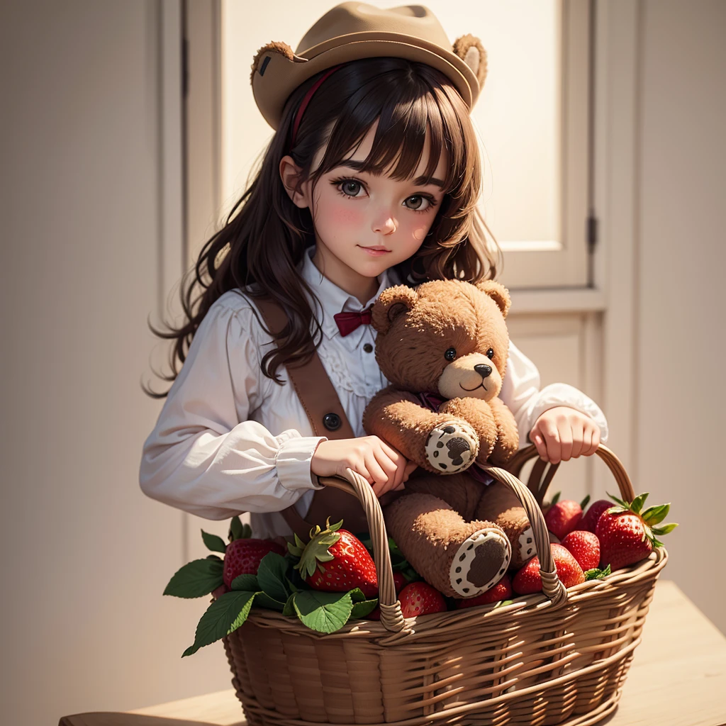Create a little teddy bear in country clothes, stop at two paws, with a basket of strawberries in hand, White background, glad.