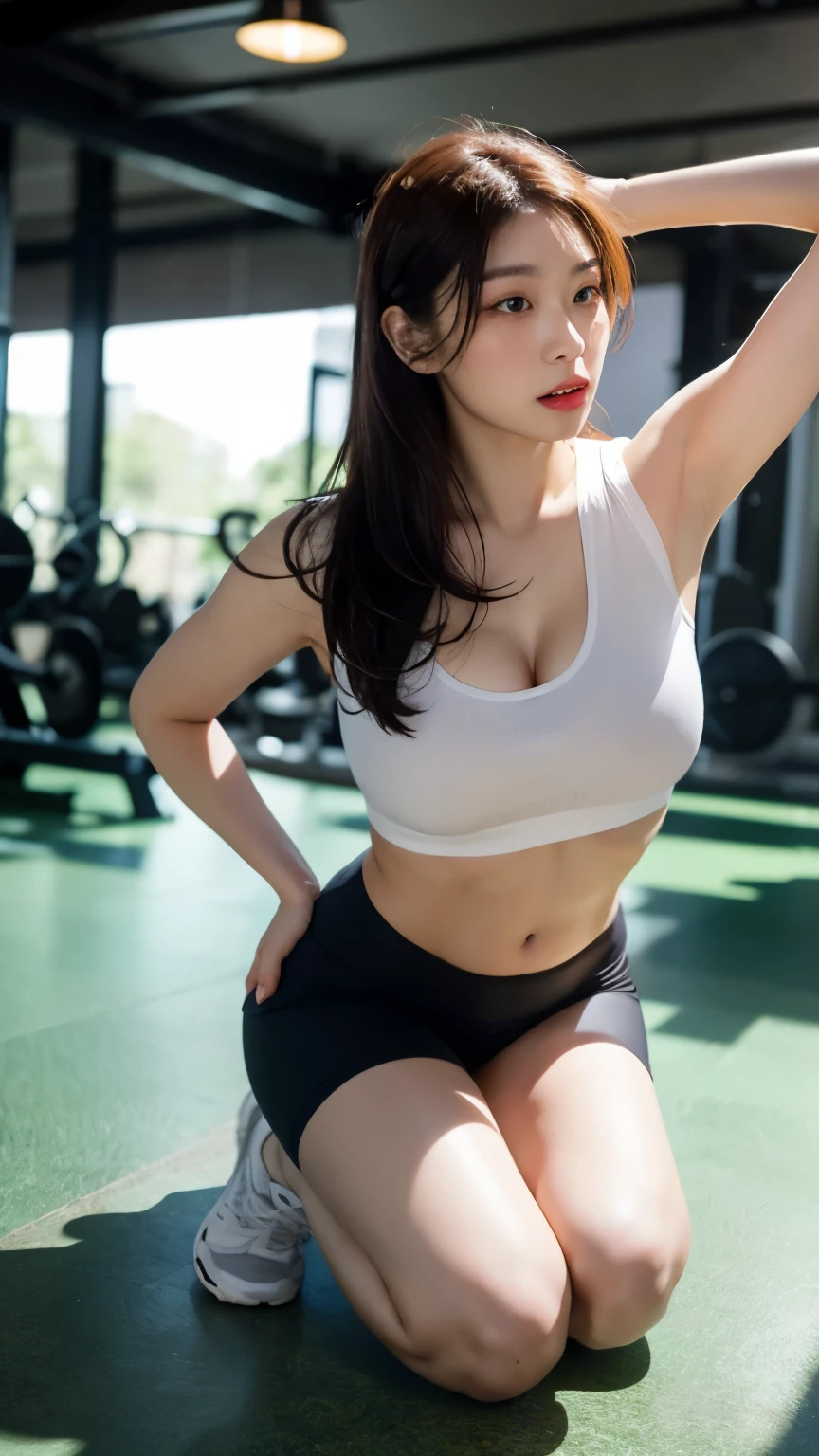 whole body圖, Highly detailed CG unity 8k wallpaper，top quality，Super detailed，masterpiece，realistically，Shoot real，Very detailed cute girl，25 years old，Muscle tissue，microantibodies，Round eyes，Huge breasts，peek at the viewer，Face turned red，Open lips，Half-body shooting，sportswear ， Gym，Exposed side milk, whole body、Low-cut，yoga shorts，staring at the audience、voyeur, ，Strike sexy poses，whole body汗水，blush，