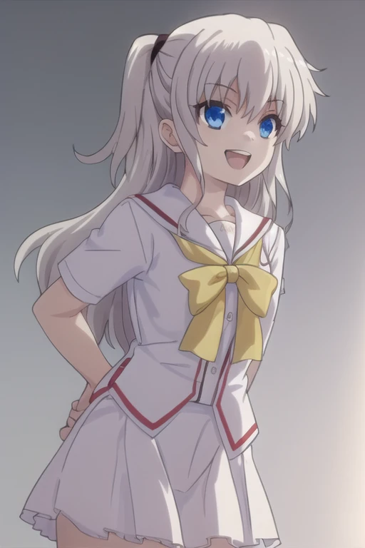 ((masterpiece, best quality)), (1girl), (solo), (female focus), (ahoge, white hair, very long hair), golden eyes, clear smile, open mouth, ((white shirt), (buttoned shirt), (gap button)), ((black skirt), (short skirt)), standing, white background, arms behind back, dynamic angle