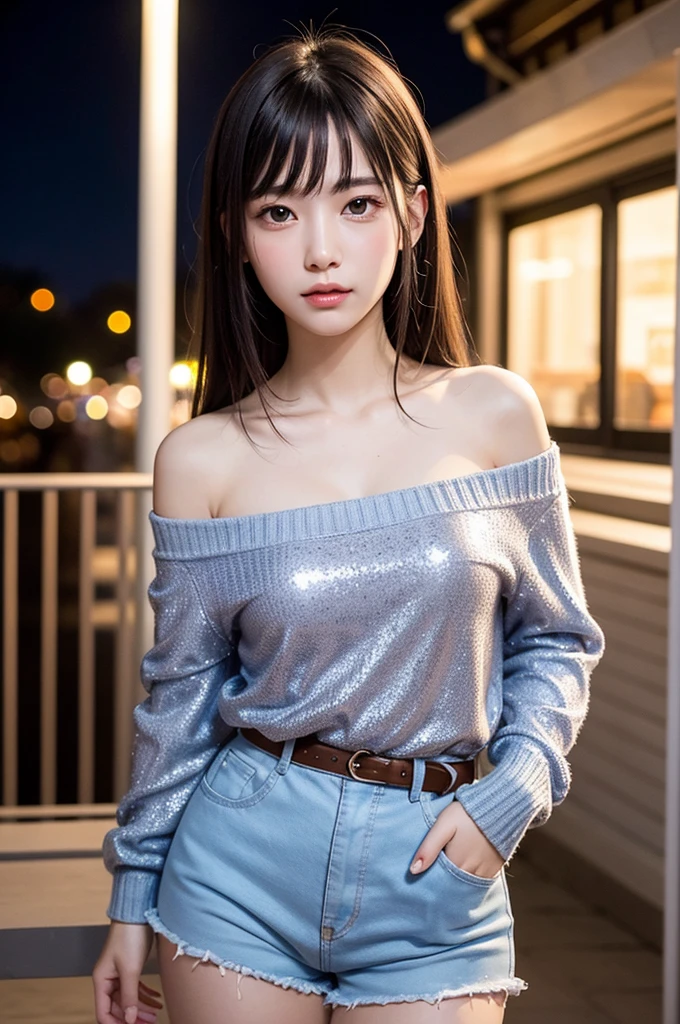 ((daytime)),bright look、photorealism、highest quality、ultra high resolution、photograph、the most beautiful nordic girl photo、cute and beautiful face details、(small face:1.1)、(face to face with the children_V1:0.008)、beautiful bangs、alice in wonderland、17-year-old、shining white skin、hair gets tangled in face、Bangs that extend all the way to your face、bangs、hair between eyes、Curly hair、super long hair、Charming brown super long straight silky hair、thin hair、Attractive and shining beautiful bright and clear light blue big eyes、thin waist、shorts、((off shoulder knit))、sweater、nsfw,high heels、eyeliner、double eyelid、ample breasts、reflective thighs、sexy pose、(1girl,solo:1.5),
(beautiful Background,detailed background:1.5),
(masterpiece, best quality:1.3),beautiful detailed glow,best illuminate,(((best quality,textile shading,ultra detailed))),extremely detailed CG unity 8k wallpaper,Highly Detailed beautiful and aesthetic,best light,high resolution,detailed,dynamic lighting,super detailed skin,intricate details, hyper detail, sharp detail,detailed, highres, intricate details,(delicate facial features:1.3),
(very wide:1.3),(panorama view:1.3),(sense of depth:1.5),(long shot:1.3),(magnificent view:1.3),((Disneyland)),Gothic decoration,((sticker style)),(heart item,star item,ribbon:1.5),(symbolic:1.2), conspicuous,(star glitter and hart glitter:1.5),(kawaii town at night:1.5),(big clock tower:1.2),(Meteor shower,star and hart effect:1.3),