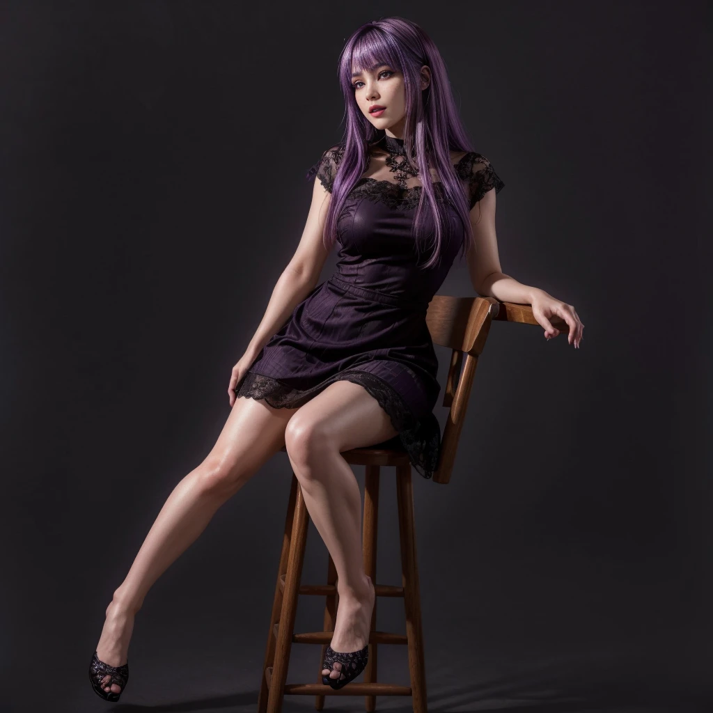 Ayane, Purple hair, (best quality, Ultra-detailed), (realistic:1.37), beautiful and detailed face, ultra-realistic texture, delicate face, delicate body, red lipstick, long-lasting colors. high definition, 8K.