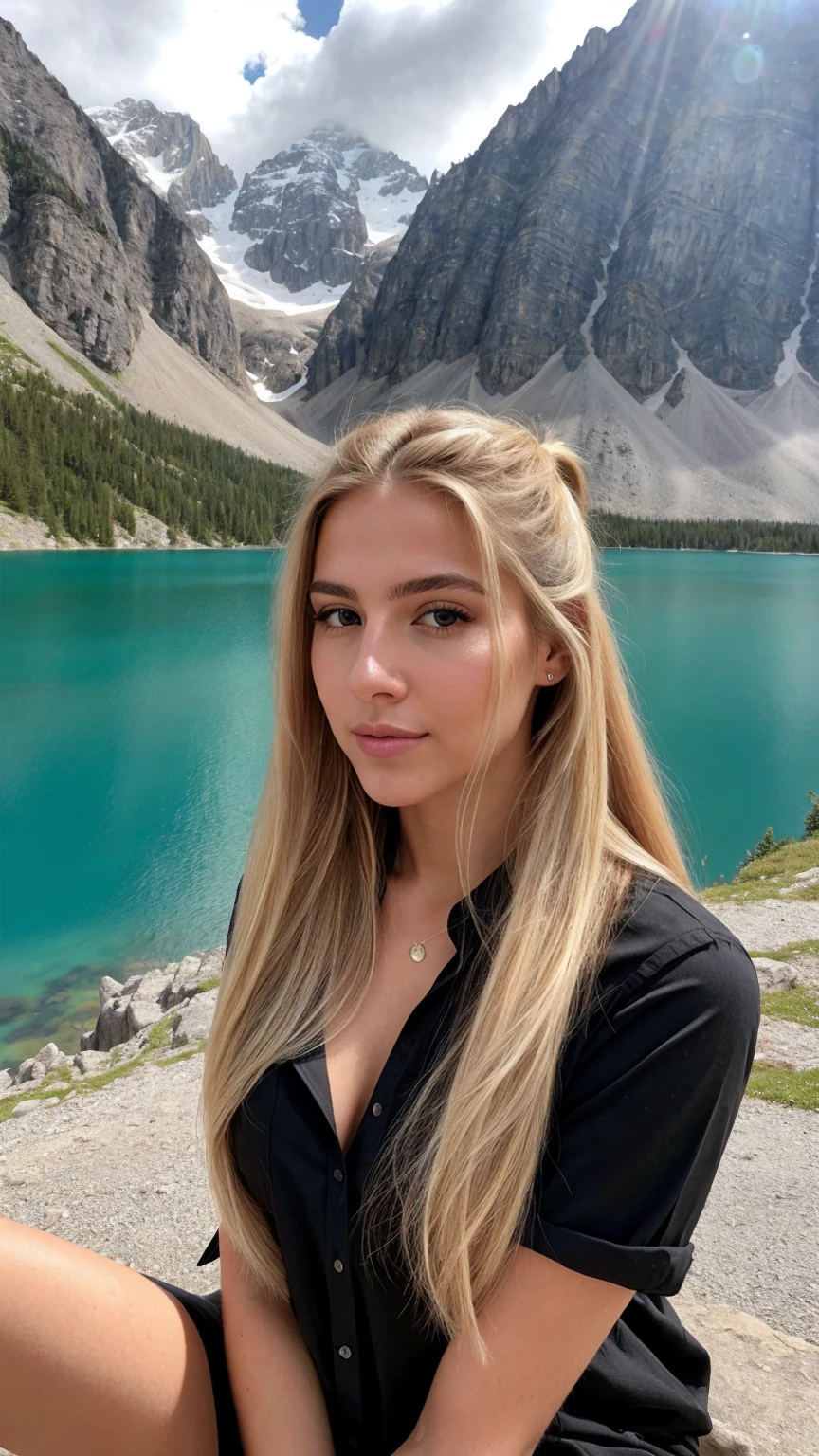 A 23-year-old blonde woman, ((pechos grandes)), ((hiperrealismo)) ,. blonde hair with light brown roots. cabello rubio, Hair with brown roots, cabello extra largo, cabello muy largo, really long hair, ponytail hair, Beautiful, Front view, selfie, photo taken with iPhone, elegant black shirt with escote, escotada, selfie sitting near an alpine lake, high quality, selfie iPhone, cleavage