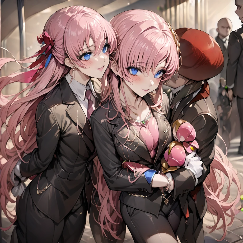((Highest quality)), ((masterpiece)), (detailed), (Perfect Face)、The woman is Lacus Clyne, a mafia member with blue eyes and medium-long pink hair, wearing a black suit and lavish accessories.、She is being held close by the mafia boss