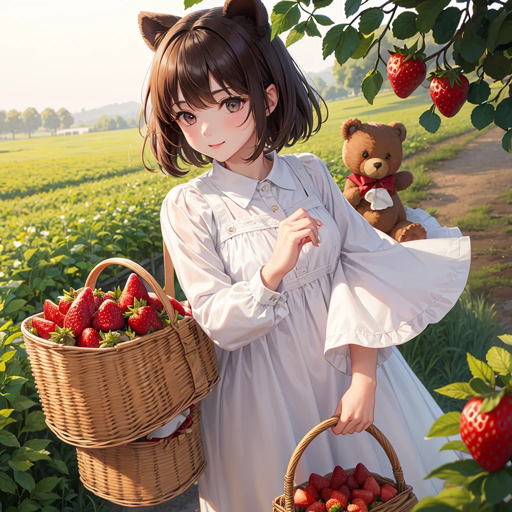 Create a teddy bear in country clothes, stop at two paws, with a basket of strawberries in hand, White background, glad.