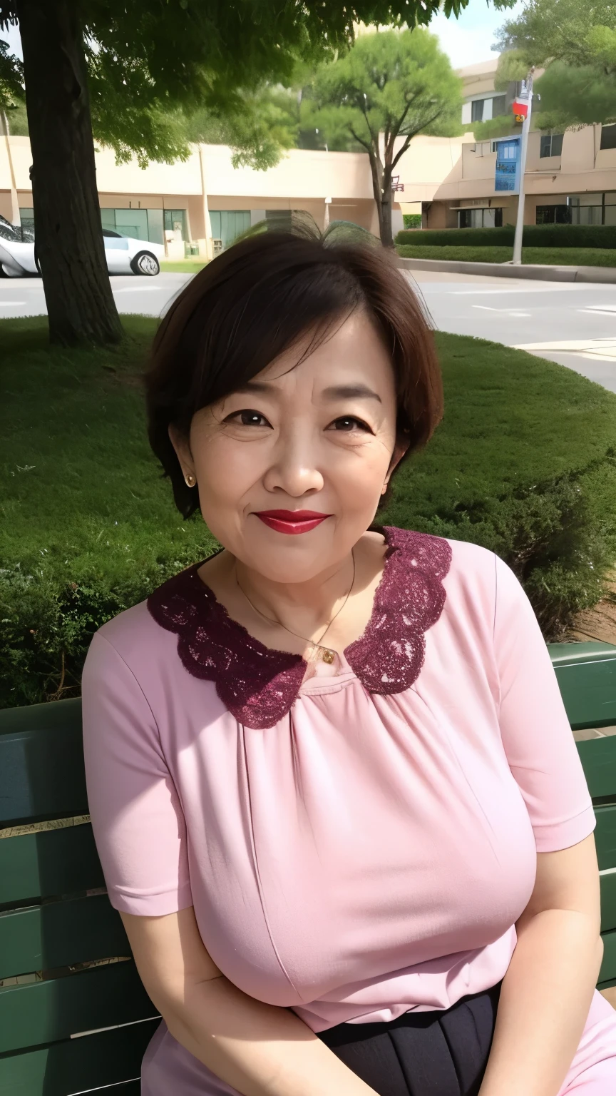 sitting on a park bench, Wrinkles around the eyes, Smiling with teeth showing, Plain short-sleeved clothing, senior citizen, Draw lips correctly, Red lipstick, No discomfort, 16K, Highest quality, Very detailed, Realistic, Very detailed肌, Japanese, alone, 60 years old, Large Breasts, , Glamour, sexy, , Staring straight ahead,