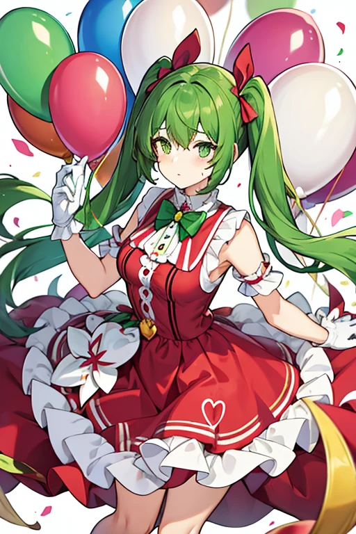 women, long hair with two brown pigtails, green eyes, clown makeup, pink clown nose, red and white dress, long white gloves, pay, with balloons