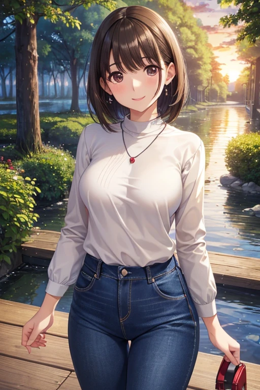 anegasaki nene、Shiny brown hair, short hair, (Beautiful brown eyes、Sparkling eyes, Fine grain)、smile、Ultra-detailed eyes、Highly detailed face, Highly detailed eyes,


(((masterpiece, Highest quality, High resolution, 超High resolution, Pixel perfect, Written boundary depth, 4K, RTTX10.0))),

1 girl, Mature Woman, red long sleeve knit、Denim pants、sunset, lake, forest, smile