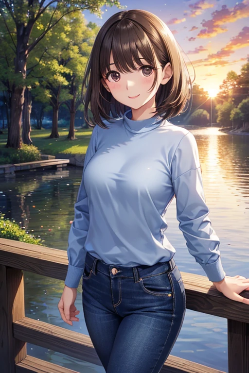 anegasaki nene、Shiny brown hair, short hair, (Beautiful brown eyes、Sparkling eyes, Fine grain)、smile、Ultra-detailed eyes、Highly detailed face, Highly detailed eyes,


(((masterpiece, Highest quality, High resolution, 超High resolution, Pixel perfect, Written boundary depth, 4K, RTTX10.0))),

1 girl, Mature Woman, red long sleeve knit、Denim pants、sunset, lake, forest, smile
