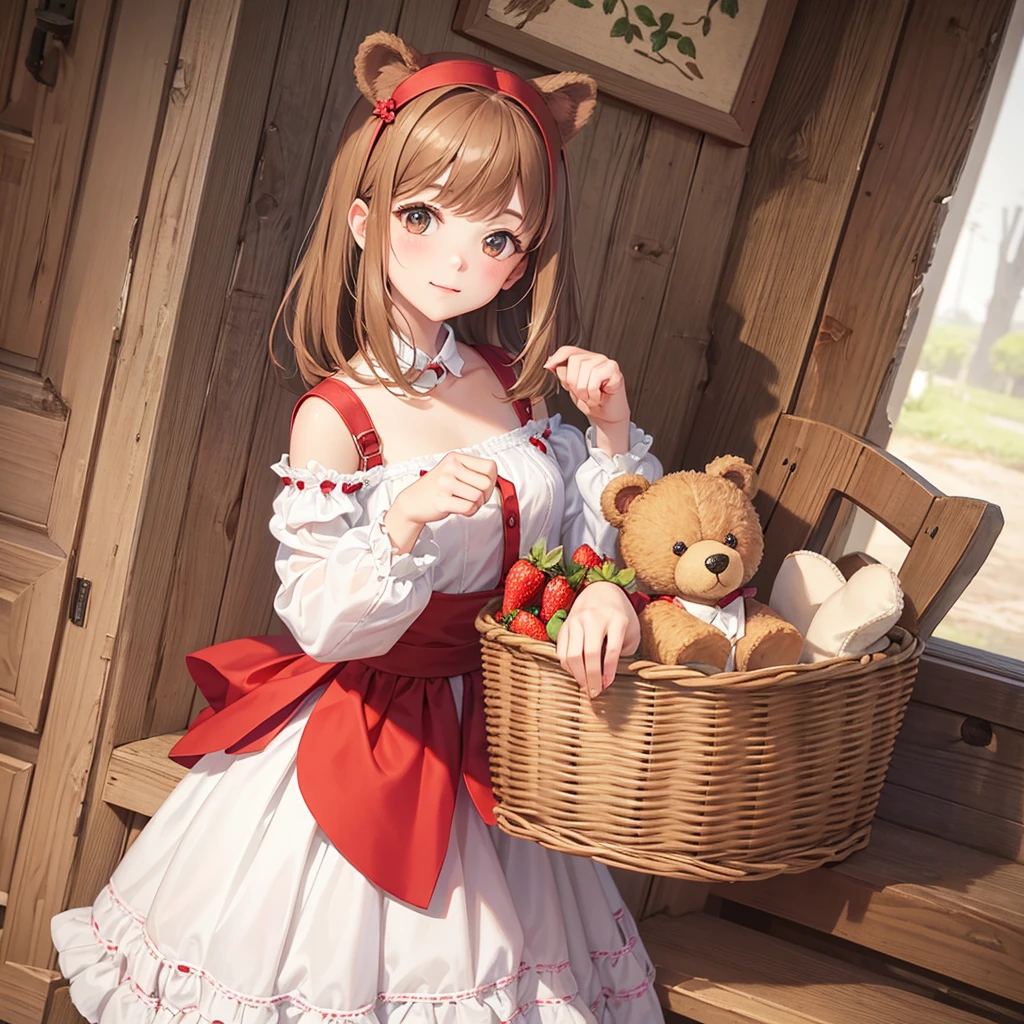 Create a teddy bear in country clothes, stop at two paws, with strawberry basket, White background, glad.