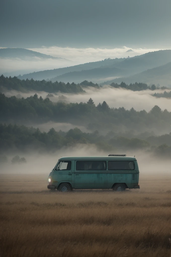 An open field covered in fog, with zombies approaching an old abandoned van. Hyper realistc