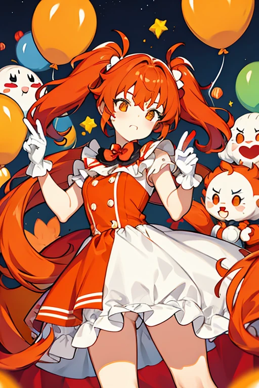 women, hair in two orange pigtails, orange eyes, clown makeup, Red nose, red and white dress, long white gloves, pay, with balloons