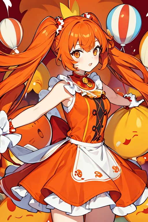 women, hair in two orange pigtails, orange eyes, clown makeup, Red nose, red and white dress, long white gloves, pay, with balloons 