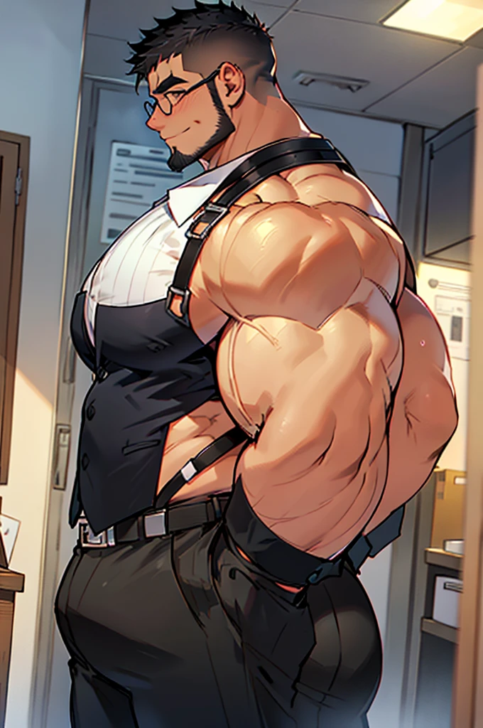 4k, masterpiece, high resolution:1.2, 1 man, solo, bara, muscular, big physique, crew cut hair, facial hair, chest, wide shoulder, big biceps, big thighs, big triceps, huge butt, black hair, cute smile, friendly, standing in an office, wearing formal trousers, wearing formal stripes pattern office shirt, wearing glasses, upstairs office in the background, ultra detailed, shredded muscle, flat style (((wearing harness))) (((view from the side, thick huge ass)))
