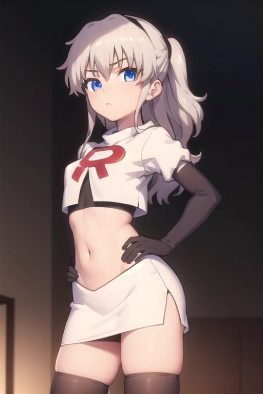 (masterpiece, best quality:1.2), solo, 1girl, Tomori Nao, looking at viewer, headband, team rocket,team rocket uniform,white skirt,red letter R,crop top,black thigh-highs,black elbow gloves