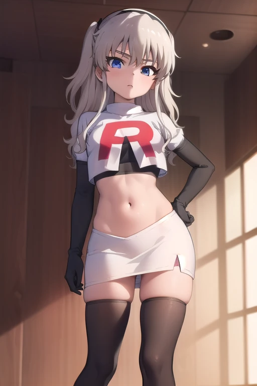 (masterpiece, best quality:1.2), solo, 1girl, Tomori Nao, looking at viewer, headband, team rocket,team rocket uniform,white skirt,red letter R,crop top,black thigh-highs,black elbow gloves