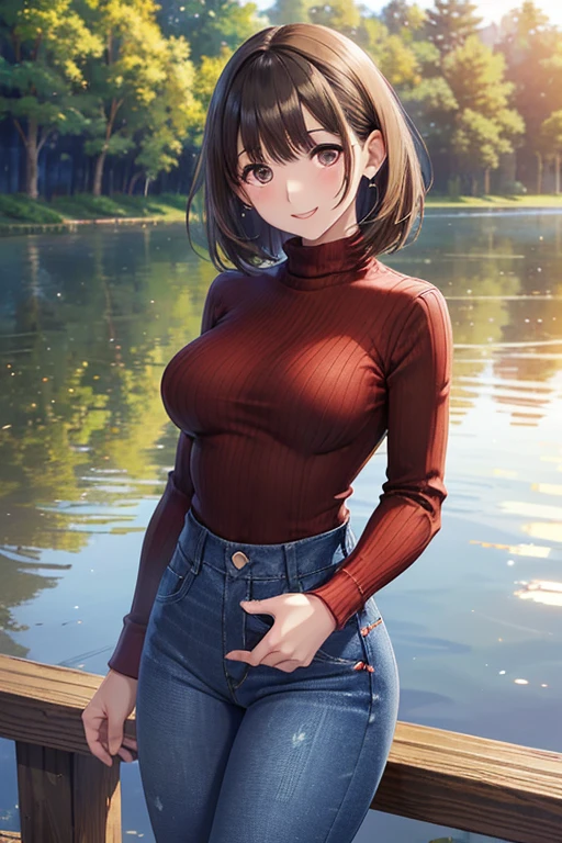 anegasaki nene、Shiny brown hair, short hair, (Beautiful brown eyes、Sparkling eyes, Fine grain)、smile、Ultra-detailed eyes、Highly detailed face, Highly detailed eyes,
(((masterpiece, Highest quality, High resolution, 超High resolution, Pixel perfect, Written boundary depth, 4K, RTTX10.0))),
1 girl, Mature Woman, (((Red ribbed knit、Denim pants)))、sunset, lake, forest, smile