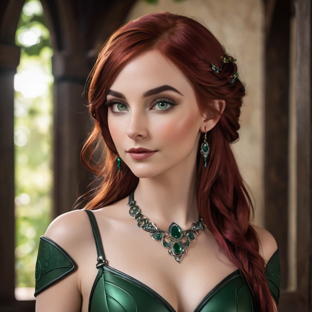 Create a highly detailed image of Elaria Nightshade, a beautiful female elf from the woods. She stands at 1.55 meters (5'1") with a voluptuous and delicate build, featuring a narrow waist, wide hips, and a generous bust. Her skin is pale, like marble, smooth and flawless, with an ethereal glow. Elaria has long, straight, intense red hair cascading to the middle of her back, shiny and silky, often worn loose or intricately braided. Her face is oval-shaped with high, well-defined cheekbones, and her striking facial features include large, almond-shaped emerald green eyes with a bright, intense, and mysterious glint. Her fine, slightly arched eyebrows are a darker shade of red than her hair, framing her eyes perfectly. She has a small, straight nose, full, naturally rosy lips with a velvet-like texture, often curved in an enigmatic smile. Her slightly pointed ears, typical of elves, are usually hidden beneath her hair. Elaria wears enchanted lingerie made of black silk and fine lace, perfectly fitting her body and providing comfort and support. The bra is full-cup with delicate silver thread embroidery forming intricate floral designs, slightly padded and enchanted for light protection. The bottom combines lace and silk, designed for discretion and comfort, also enchanted to resist wear and stay clean.Elaria's accessories include black, tight-fitting leather gloves for precision handling of her weapons and tools, a utility belt with multiple compartments and sheaths for her daggers and potions, and a necklace with an amethyst pendant along with several silver rings on her fingers.