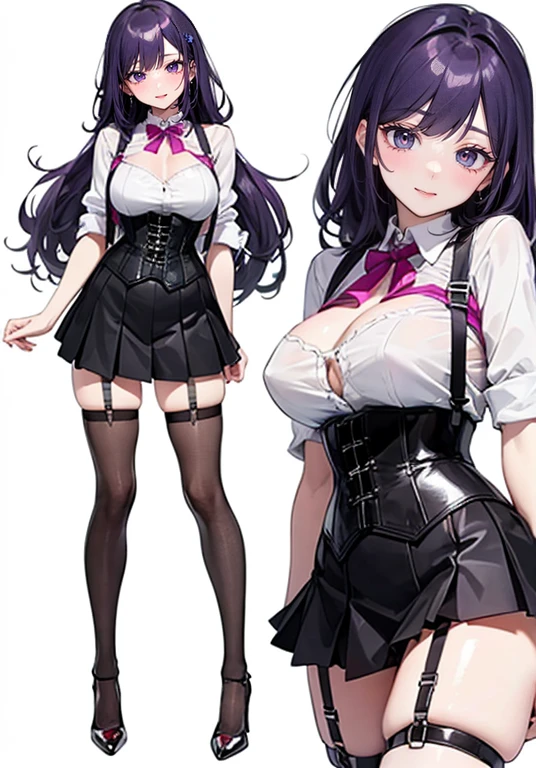 Purple Hair,Long Hair,Adult female,(((Body Harness))),((Roll up your sleeves)),(corset),(Tight Skirt),(High heels),((Simple white background)),smile,((full body)),((whole body))