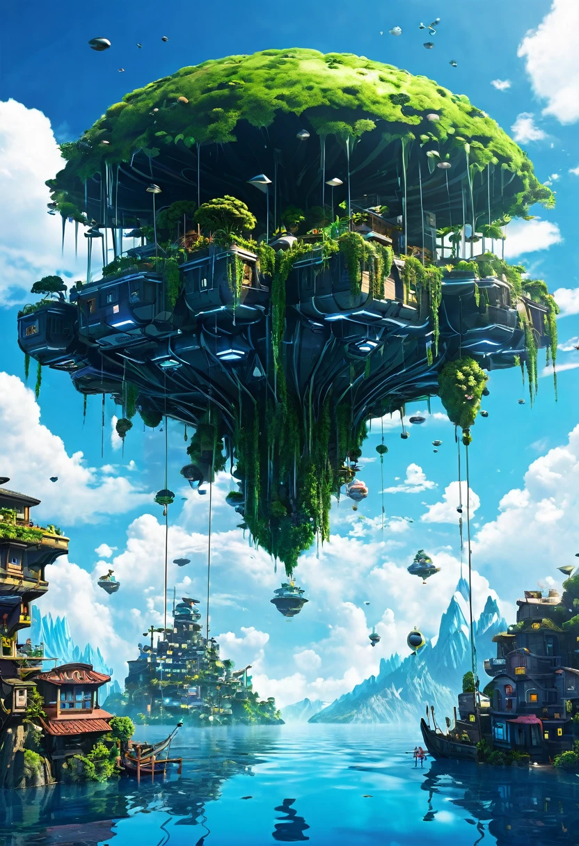 Sinister futuristic floating island suspended in the air, cities, fantasy, (villain hideout), (kawaii), cute, cute, anime style, technological, dark, funny, magical plant growth, extreme details, realistic light, blue sky, epic composition, (complex details), (complex design, ultra-details: 1.2), Art Station, (masterpiece, best quality), Ultra HD, 32k --v 6