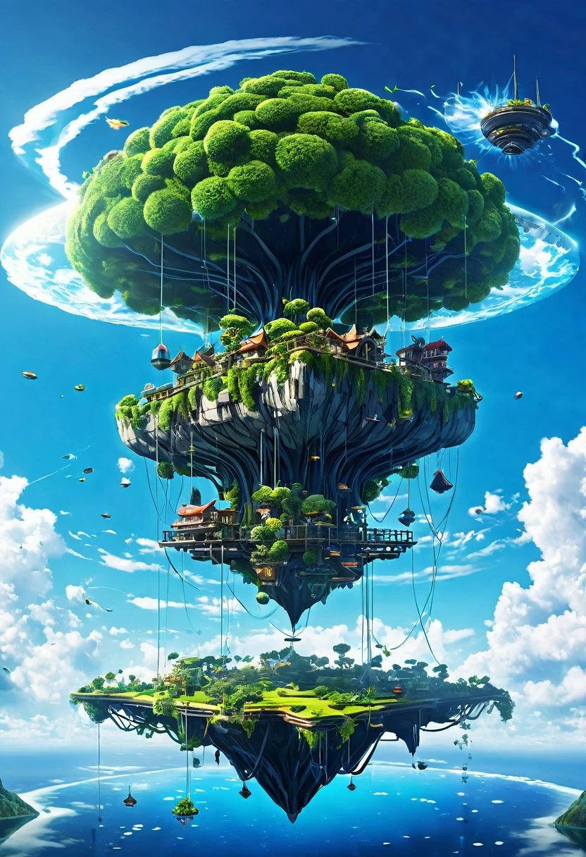 Sinister futuristic floating island suspended in the air, cities, fantasy, (villain hideout), (kawaii), cute, cute, anime style, technological, dark, funny, magical plant growth, extreme details, realistic light, blue sky, epic composition, (complex details), (complex design, ultra-details: 1.2), Art Station, (masterpiece, best quality), Ultra HD, 32k --v 6