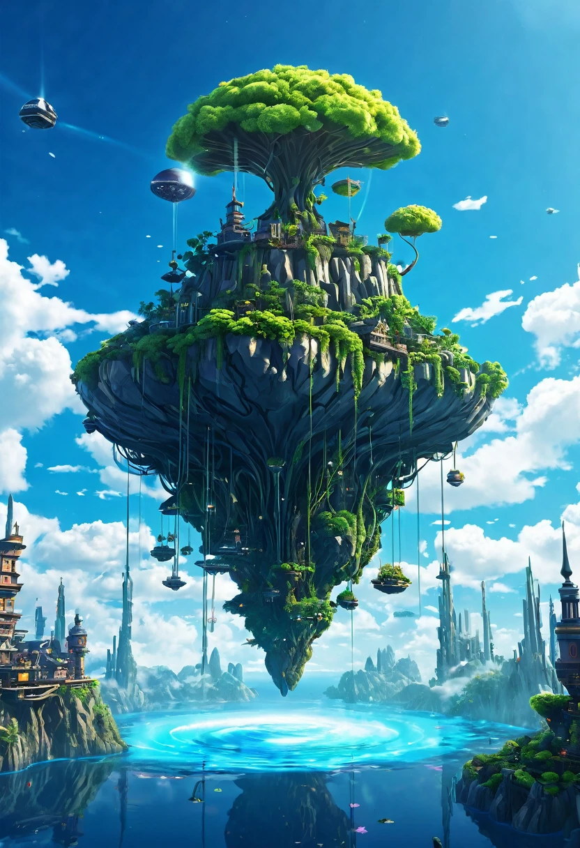 Sinister futuristic floating island suspended in the air, cities, fantasy, (villain hideout), (kawaii), cute, cute, anime style, technological, dark, funny, magical plant growth, extreme details, realistic light, blue sky, epic composition, (complex details), (complex design, ultra-details: 1.2), Art Station, (masterpiece, best quality), Ultra HD, 32k --v 6