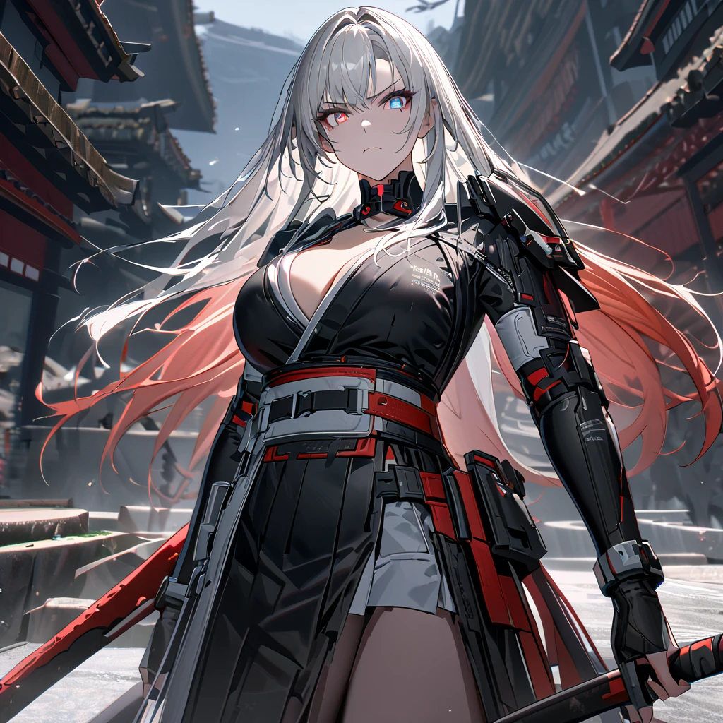 A woman wearing a black samurai kimono with white details, samurai shoulder pads, holding a red odachi, odachi without sheath, standing, white hair, long hair, red and blue eyes, multicolored eyes, serious face, big breast, on a concrete platform, scene in Japanese aesthetics,,UHD , prime work , accurate , anatomically correct , textured skin , super details , high quality , best quality, 8k, high resolution, bokeh effect. (woman alone), close view. Punishing_gray_raven, Alpha_Crimson_Weave