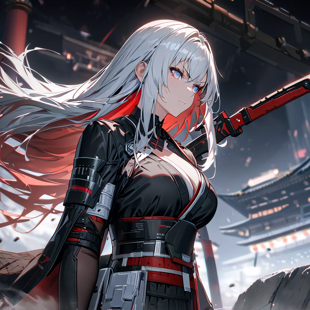 A woman wearing a black samurai kimono with white details, samurai shoulder pads, holding a red odachi, odachi without sheath, standing, white hair, long hair, red and blue eyes, multicolored eyes, serious face, big breast, on a concrete platform, scene in Japanese aesthetics,,UHD , prime work , accurate , anatomically correct , textured skin , super details , high quality , best quality, 8k, high resolution, bokeh effect. (woman alone), close view. Punishing_gray_raven, Alpha_Crimson_Weave
