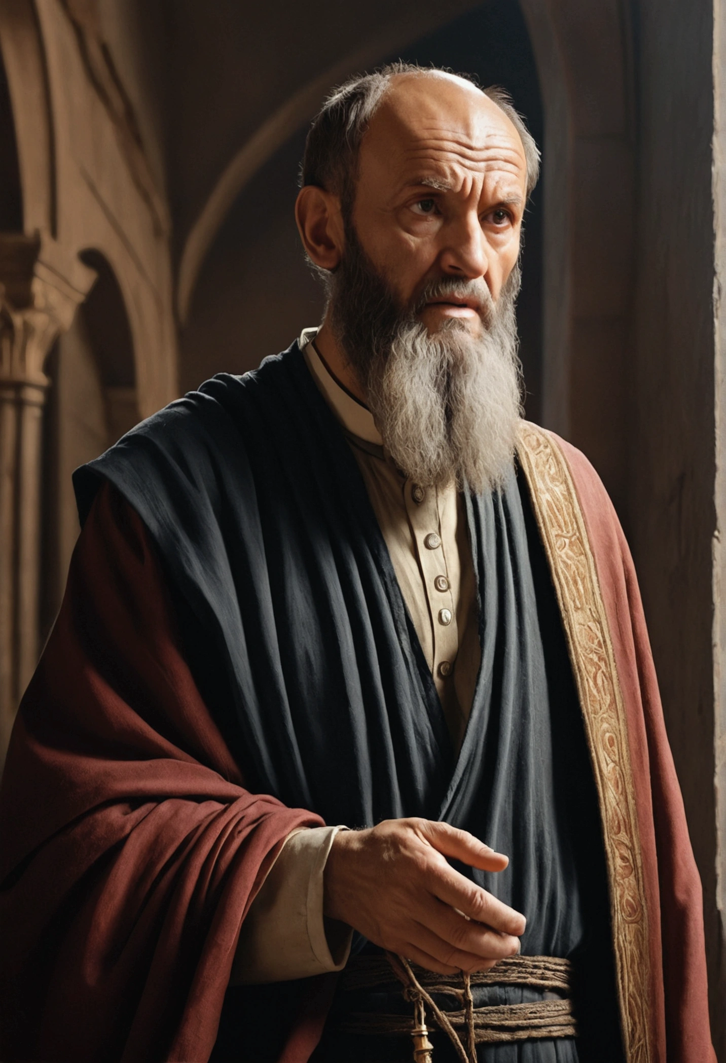 The apostle Paul looked at the screen., long clothes, religion, Ultra photo realism