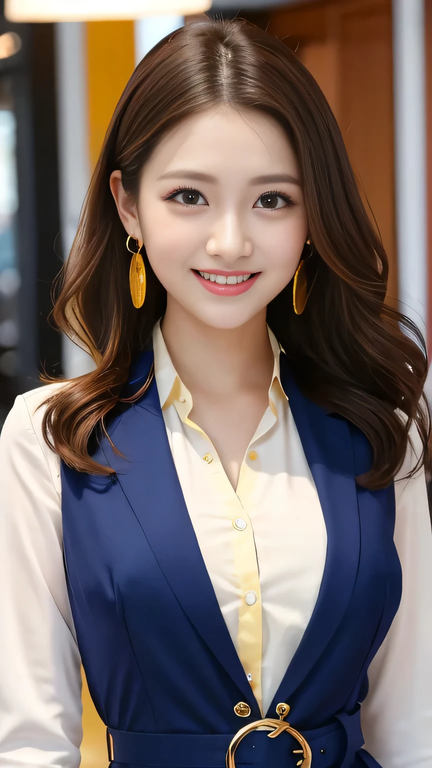 RAW Photos, High resolution, Very detailed, Intricate details, Cowboy Shot、Watching the audience、Beautiful teeth alignment, Small shapely breasts、large and shapely buttocks、Narrow waist、Light brown hair, Light wavy medium length hair、Transparent beauty, (High quality fabric、 Office Lady、Light yellow ladies suit、belt、The background is the office、Amber Eyes、Teardrop-shaped earrings、Grin、First Person View、