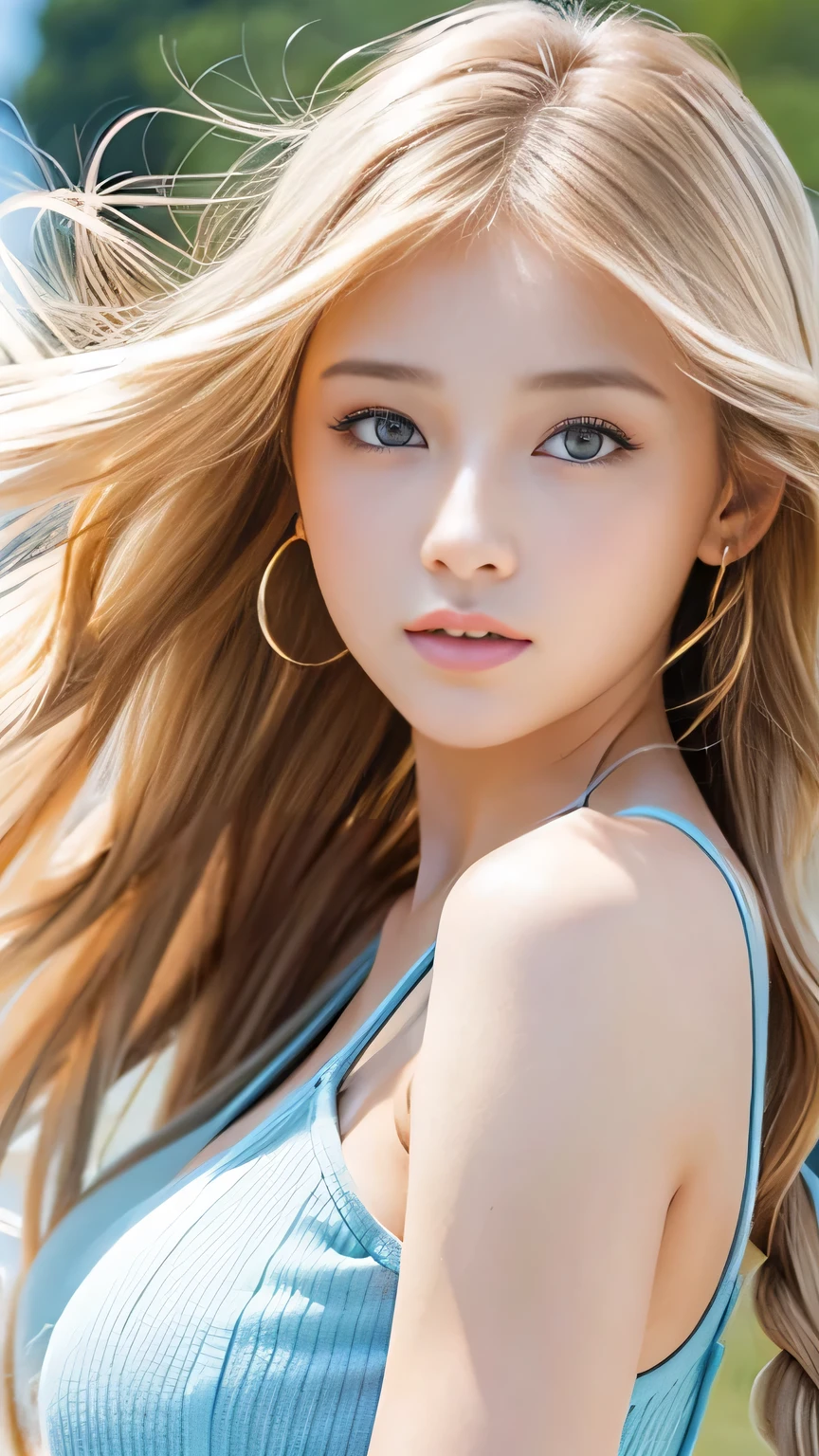 Sexy Big 、Sexy cute looks and cute beautiful girl, beautiful and sexy face、A strong wind blows my hair in front of my face、beautiful long blonde French braided hair、beautiful, Cute and sexy eyes hidden behind long bangs