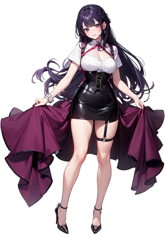 Purple Hair,Long Hair,Adult female,(((Body Harness))),((Roll up your sleeves)),(corset),(Tight Skirt),(High heels),((Simple white background)),smile,((full body)),((whole body))