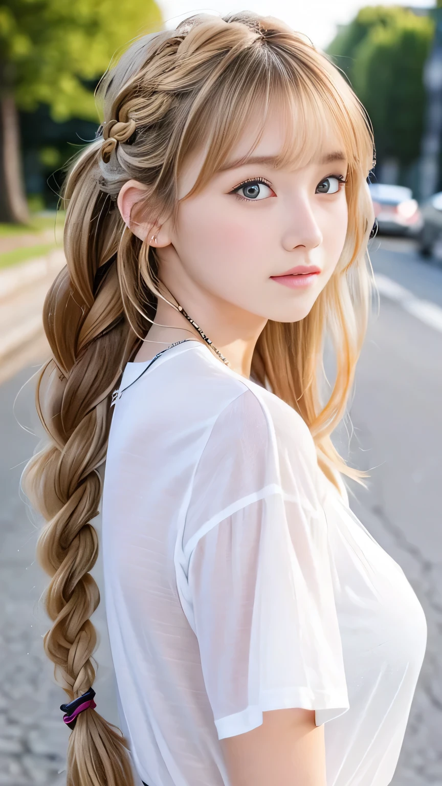 Sexy Big 、Sexy cute looks and cute 15 year old beautiful girl, beautiful and sexy face、A strong wind blows my hair in front of my face、beautiful long blonde French braided hair、beautiful, Cute and sexy eyes hidden behind long bangs