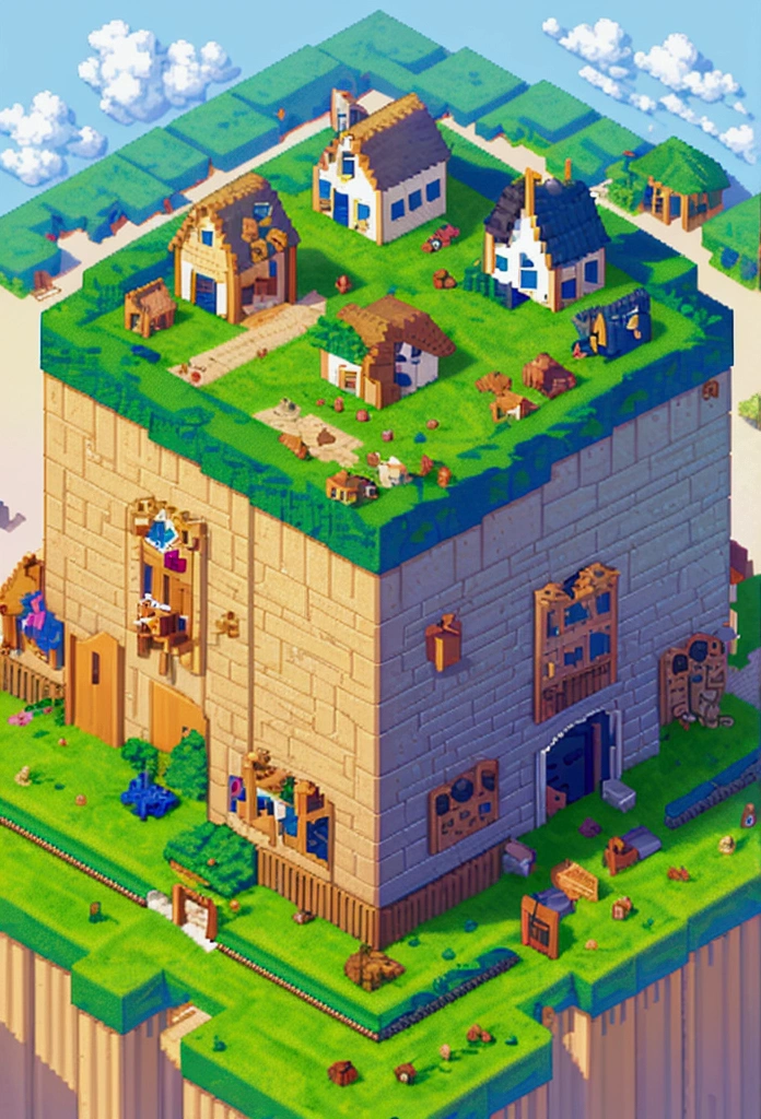 ((pixel, pixel art)), Miniature, Super Cute World, Cute animation, detailed animation, excellent lighting, brush rendering, super detailed, ((isometric view)), ((No human)), ((Agrarian village)), traditional village, sunny illumination, natural illumination