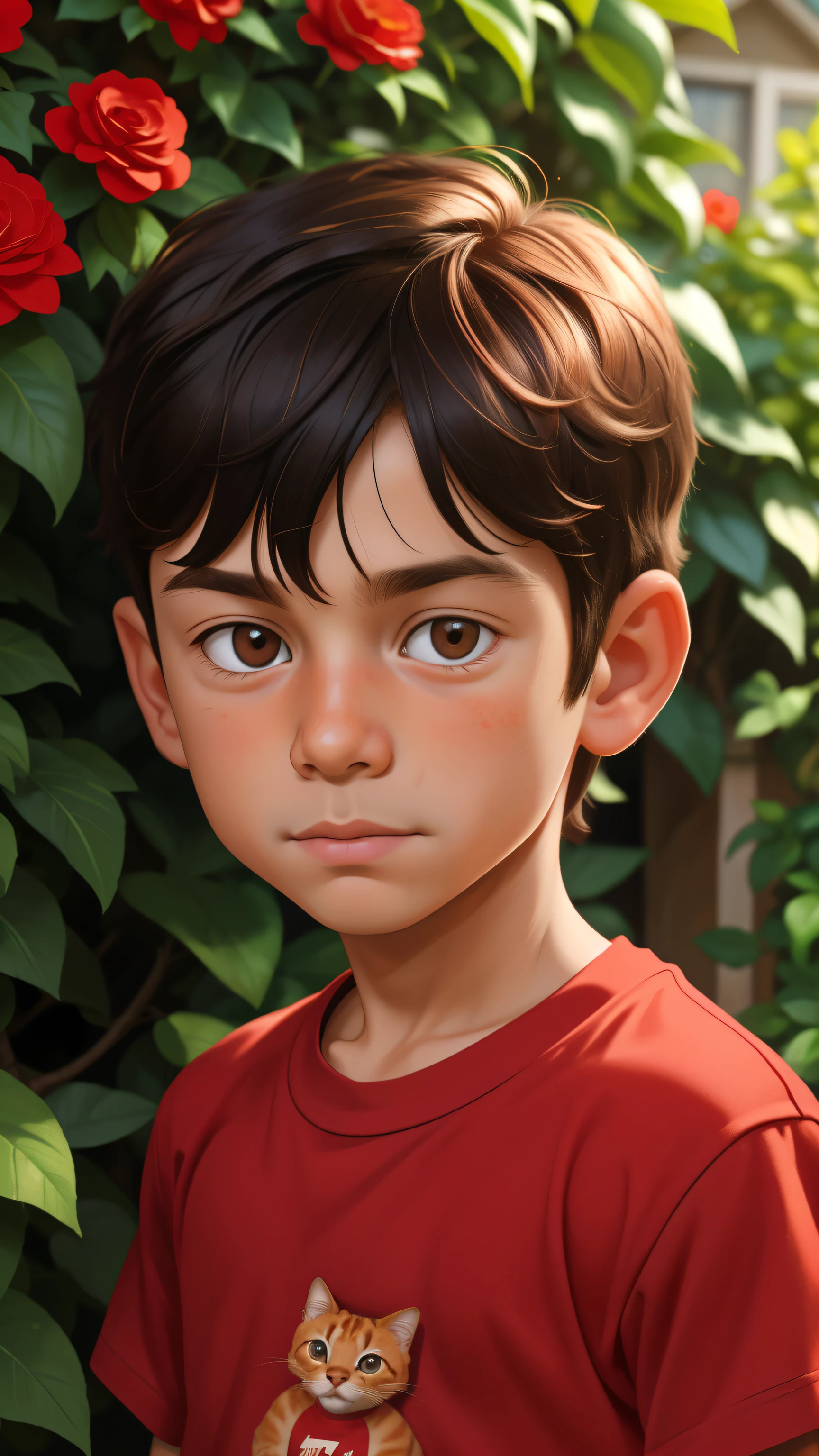 Realistic portrait of a 7 year old boy, He wears a red shirt . Your face looks attractive . He cautiously went out into the garden of the house.,  There was a small cat in the middle of the bushes and he carefully touched it. ,Not facing the camera,, messy hair , 