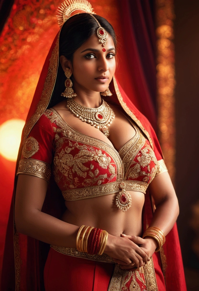 A beautiful Indian woman, large breasts, wearing a traditional red national costume, standing in a sexy pose,man is stand back in women highly detailed, 8k, photorealistic, masterpiece, dramatic lighting, vivid colors, soft focus, intricate details, elegant expression, classic Indian aesthetic, glowing skin, luxurious fabrics, graceful posture, captivating gaze,