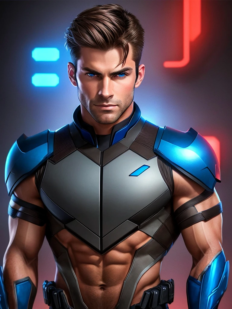 A Man, muscular, brown hair, blue eyes, SWAT Member, wearing a futuristic but sexy Uniform, strong face, strong expression, in a grey empty room, red neon light, soft shadows, Realistic, Highly detailed, masculine, Highly realistic, photorealistic artwork, 4K resolution. super details, masterpeace, (Full Body Portrait: 1.3),