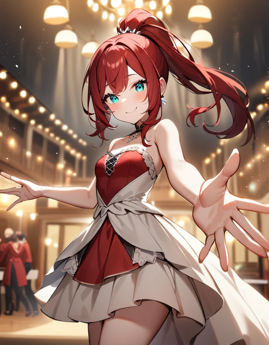 1girl,deep orangered ponytail hair,turquoise eyes,small breasts,smile,dress,dance hall,reaching towards viewer