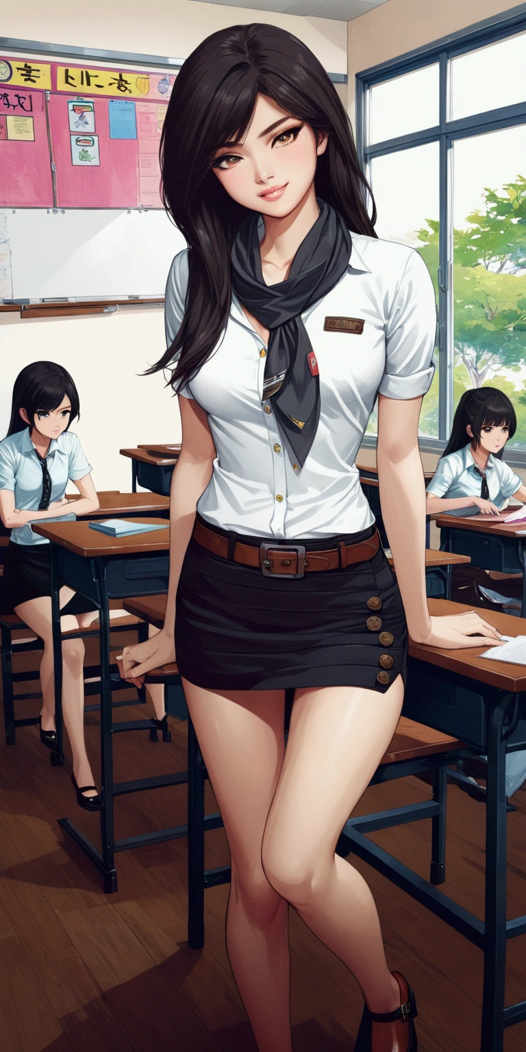 realistic illustration of pretty young college woman is sitting on her desk in classroom, she has a black long straight hair (+forehead, side parted hair), and wearing white shirt short sleeves, collared button up shirt, bandana scarf, black pencil mini skirt with belt, and black cutshoes, (1girl, solo, full body), (masterpiece, best quality, manhwa style)